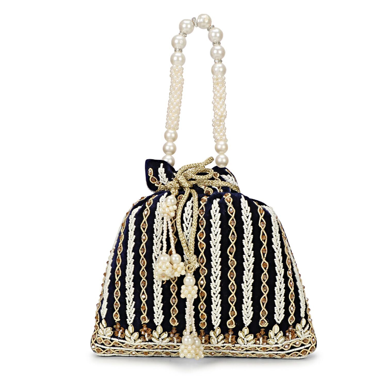 1842 Handcrafted Pearl And Bead Embellished Potli Bag, Potli Bag Blue
